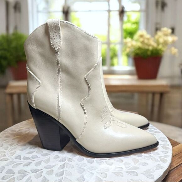PAIGE $378 Porter Ankle Boot Ivory Western Pointed Toe Leather Block Heel Women’ - Picture 3 of 13
